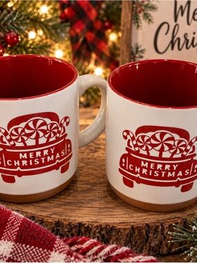 Festive Merry Christmas Ceramic Mug - Red and White Holiday Design Set of Two